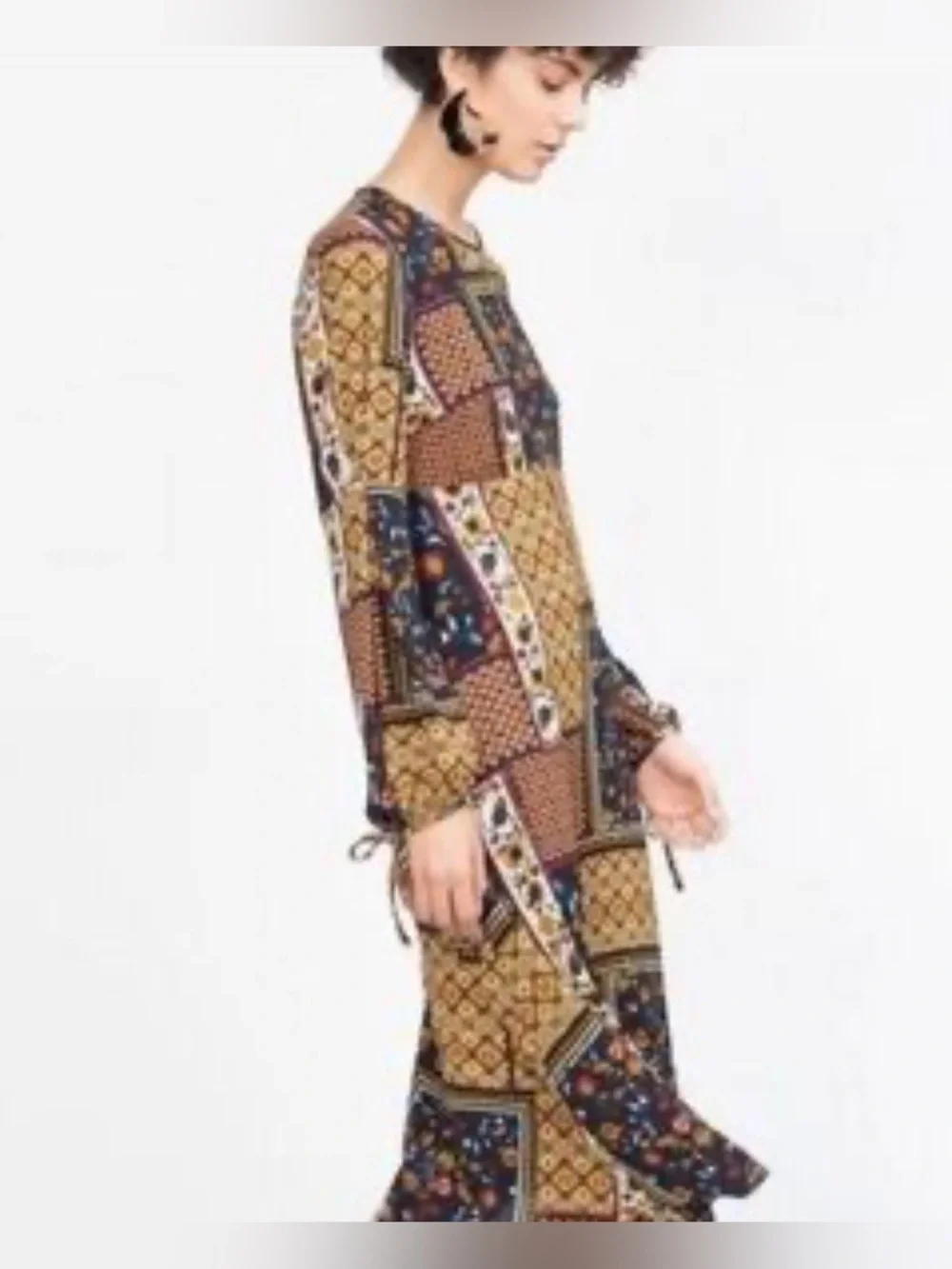 Zara Patchwork Floral Midi Dress in Mustard and Navy